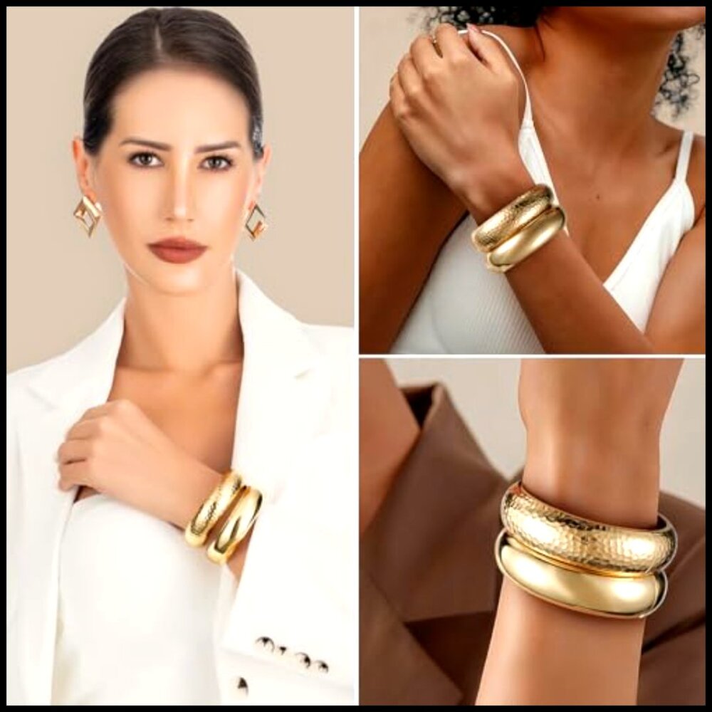 Chunky Gold Cuff Bracelets Set Stackable Statemen… - image 5